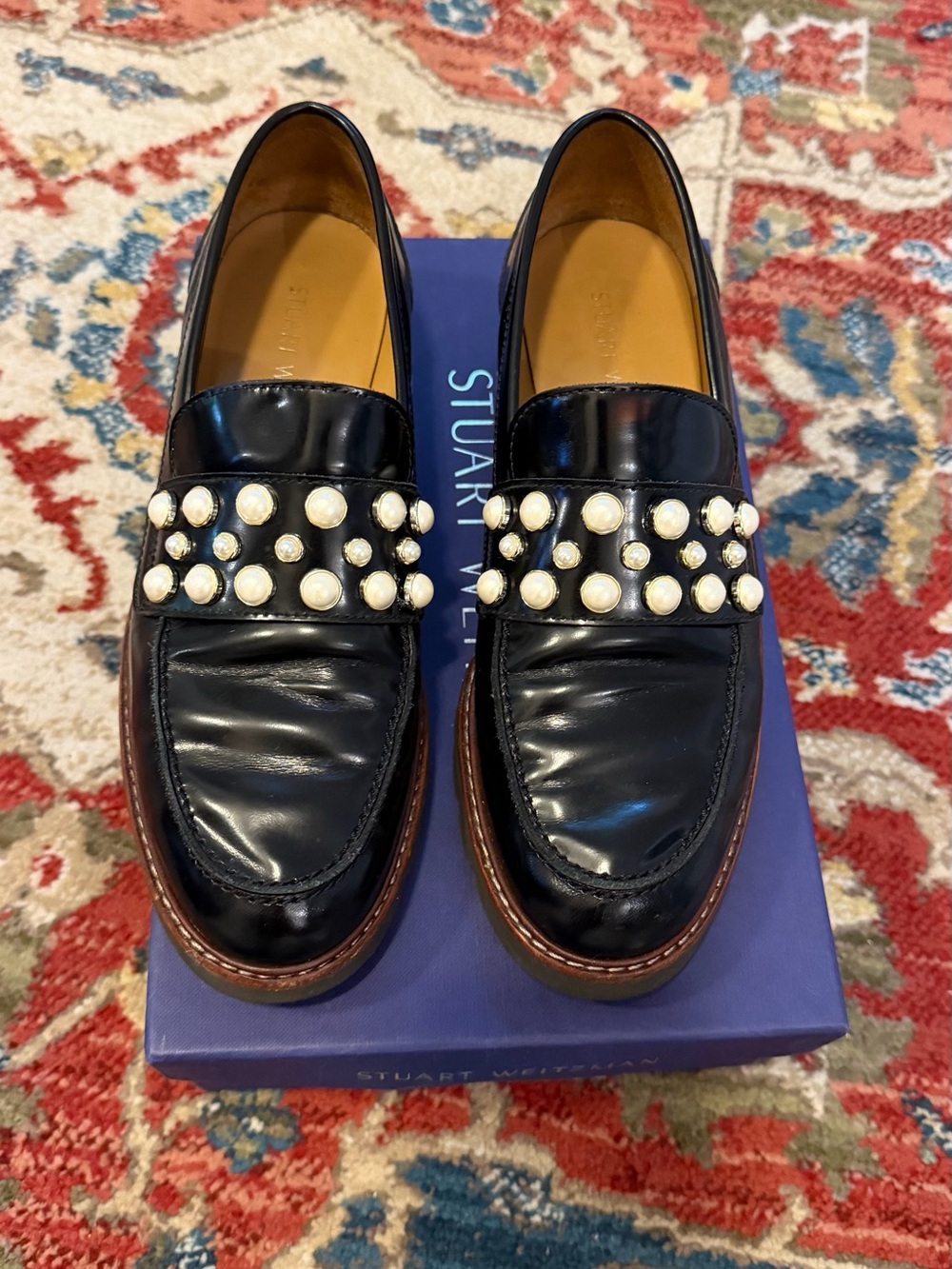 Stuart Weitzman Black Leather Pearl-Trim Loafers